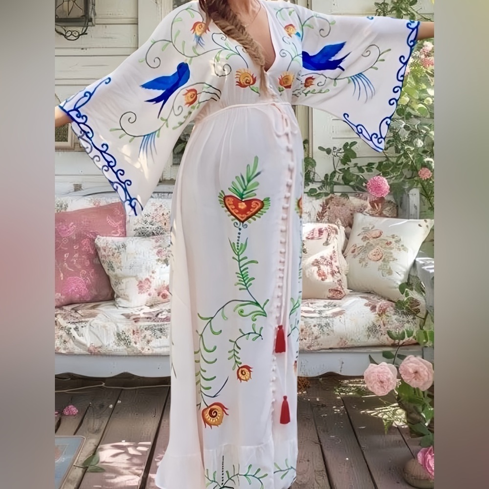 Bohemian Secret Garden Embroidered Cotton Blend Maternity Kimono Gown